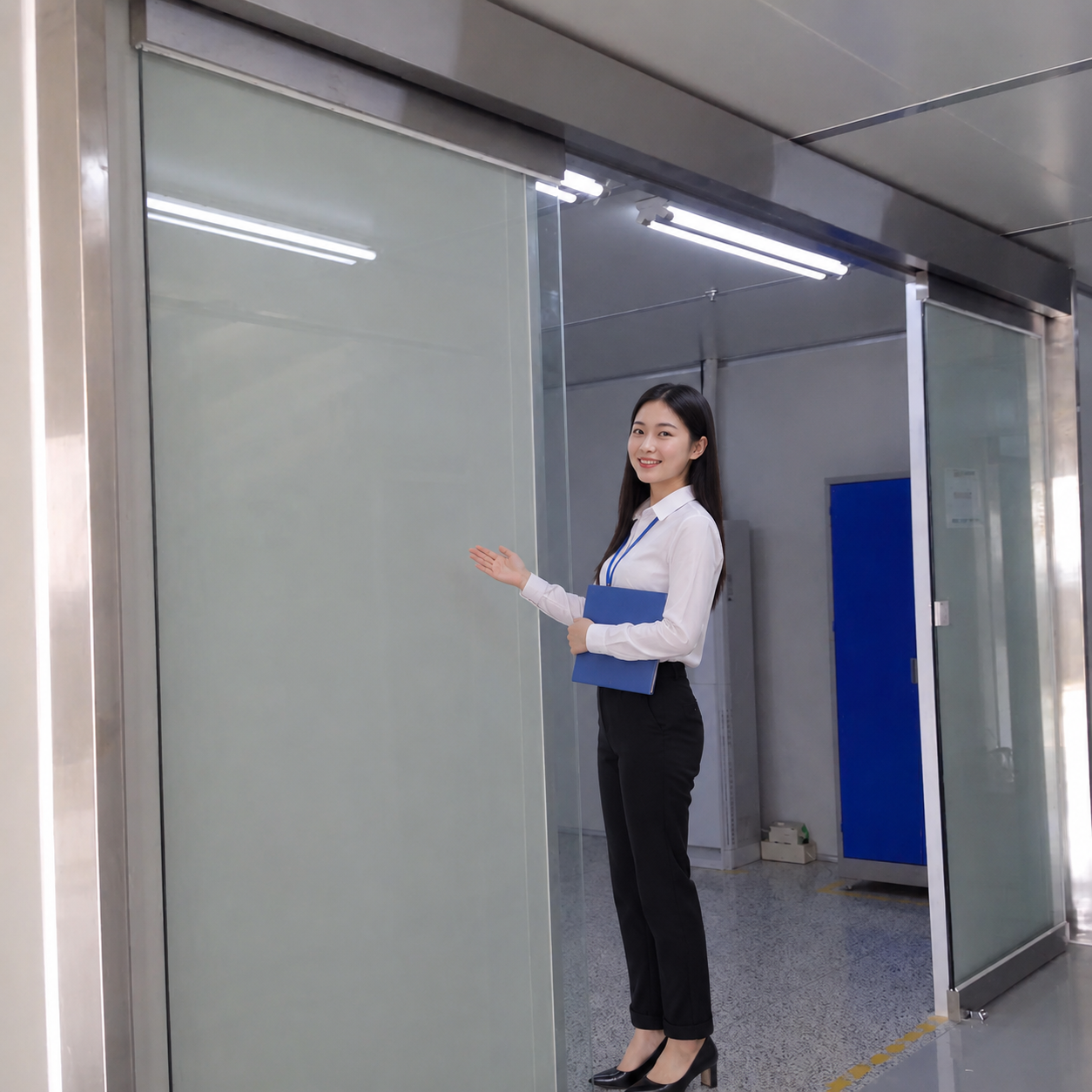 Nhân viên văn phòng giới thiệu cửa kính trượt khung inox trong hành lang hiện đại